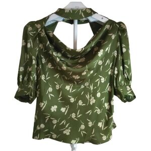 ASTR The Label Floral Open Back Blouse Women Puff Sleeve Olive Dressy